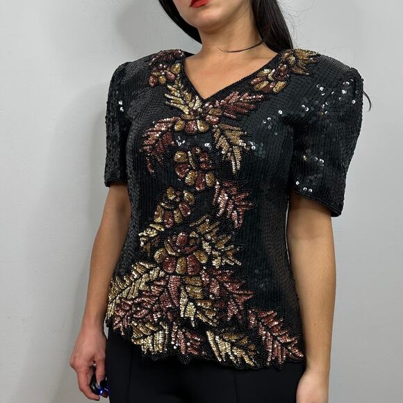 Stenay Vintage Silk Black Fall Leaf Pattern Sequin & Beaded Blouse - Picture 6 of 8